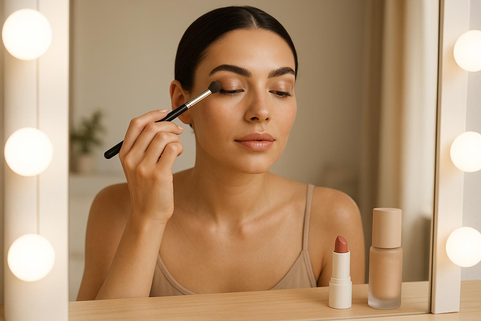Aprenda a se maquiar como um profissional em casa com looks minimalistas e produtos multifuncionais, valorizando sua beleza natural e praticidade em 2025. (imagem gerada com inteligência artificial)