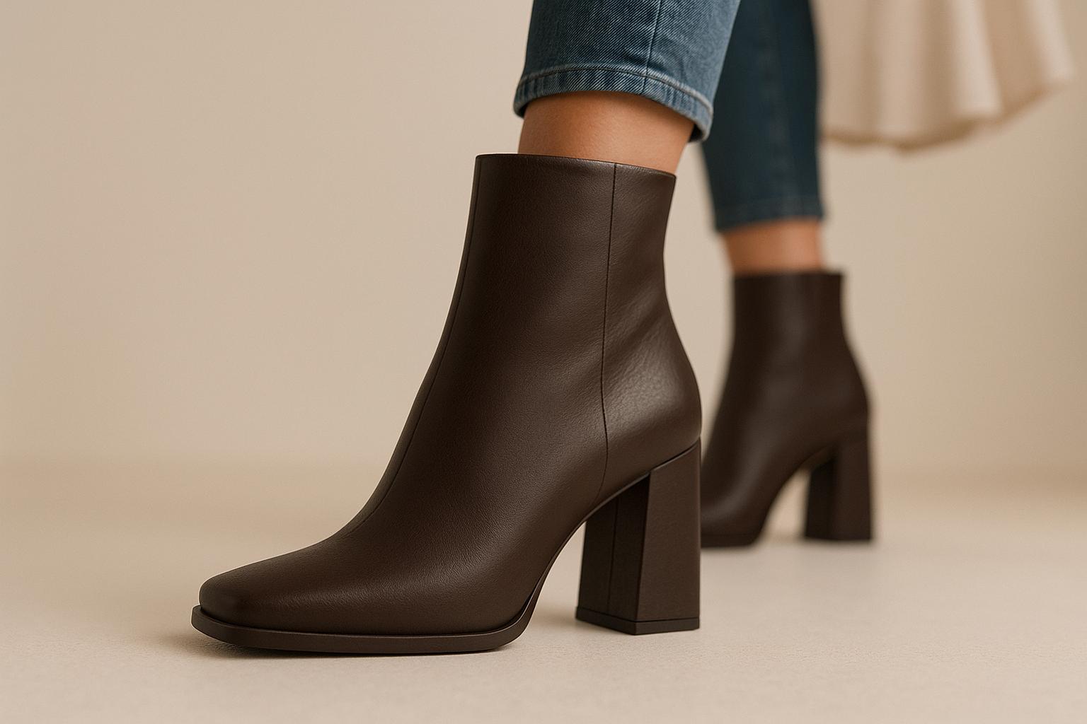 A bota cano curto salto alto grosso bico quadrado une conforto, elegância e versatilidade, ideal para looks casuais e sofisticados no dia a dia. (imagem gerada com inteligência artificial)