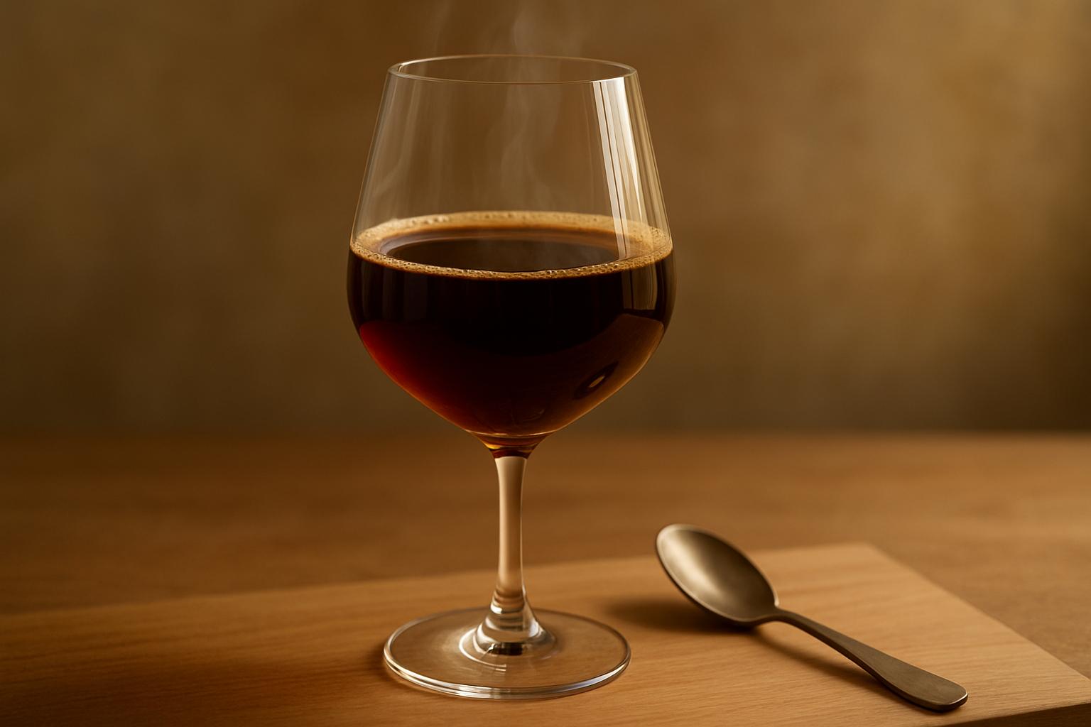 Café em taça de vinho eleva a experiência sensorial, valorizando aromas e sabores únicos do café especial em degustações refinadas. (imagem gerada com inteligência artificial)