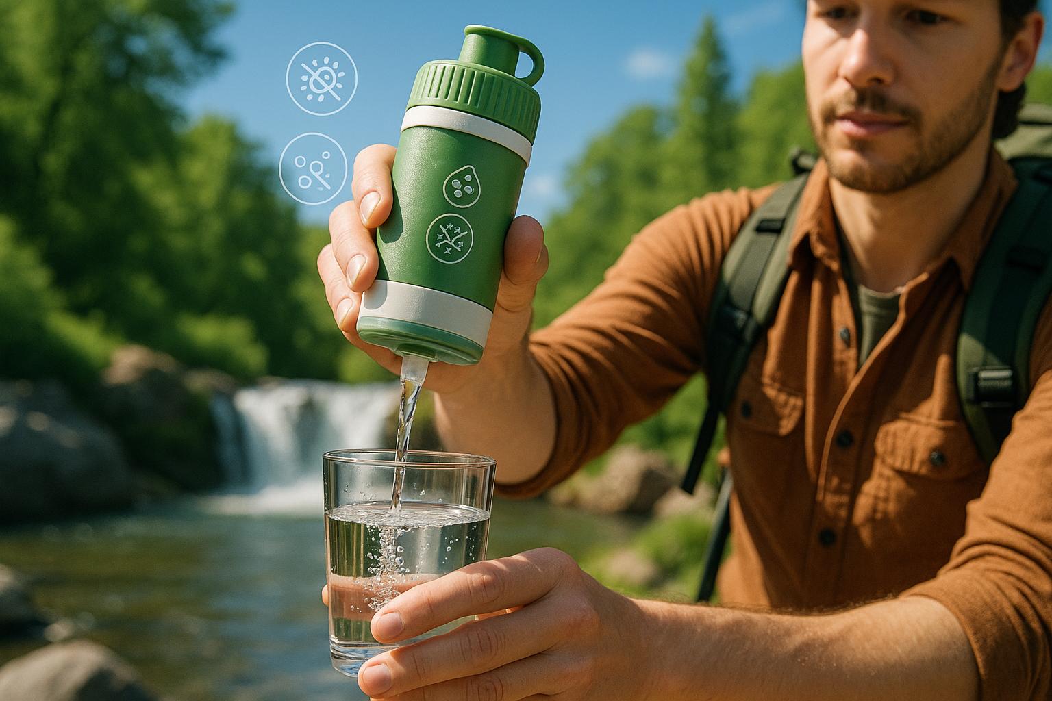 Filtros e purificadores de água portáteis garantem praticidade, segurança e qualidade, essenciais para beber água pura em viagens, aventuras e no dia a dia. (imagem gerada com inteligência artificial)