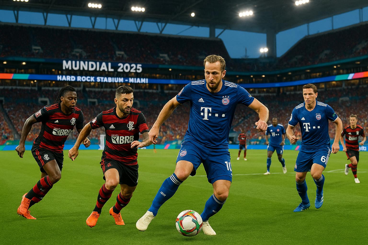 Flamengo x Bayern de Munique no Mundial 2025 promete emoção e técnica, reunindo duas potências do futebol mundial em Miami pelo título mundial. (imagem gerada com inteligência artificial)
