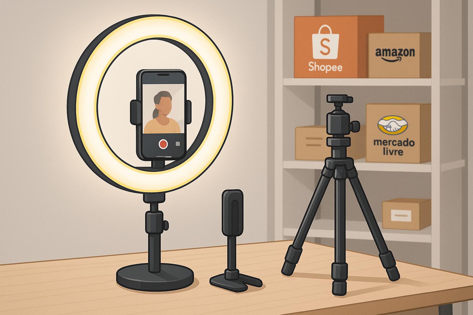 Onde comprar acessórios para celular: descubra os melhores ring lights, suportes e tripés para fotos e vídeos com qualidade e custo-benefício ideal. (imagem gerada com inteligência artificial)