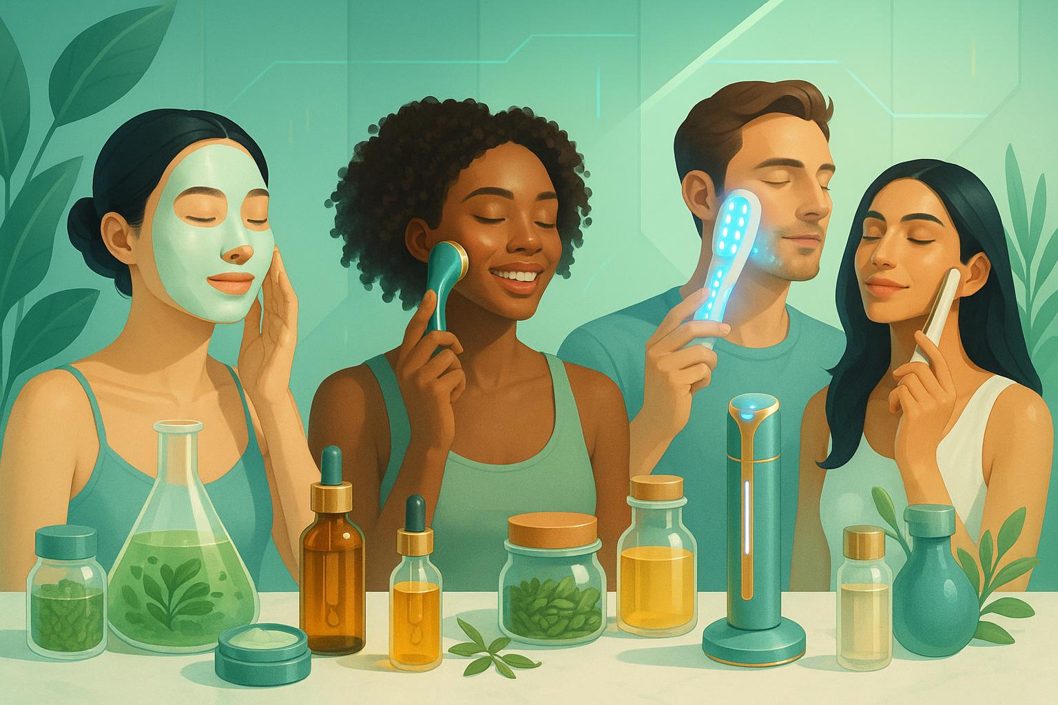 Skincare em Casa em 2025 aposta em ingredientes naturais, produtos multifuncionais, tecnologia e sustentabilidade para uma rotina eficiente, simplificada e personalizada. (imagem gerada com inteligência artificial)