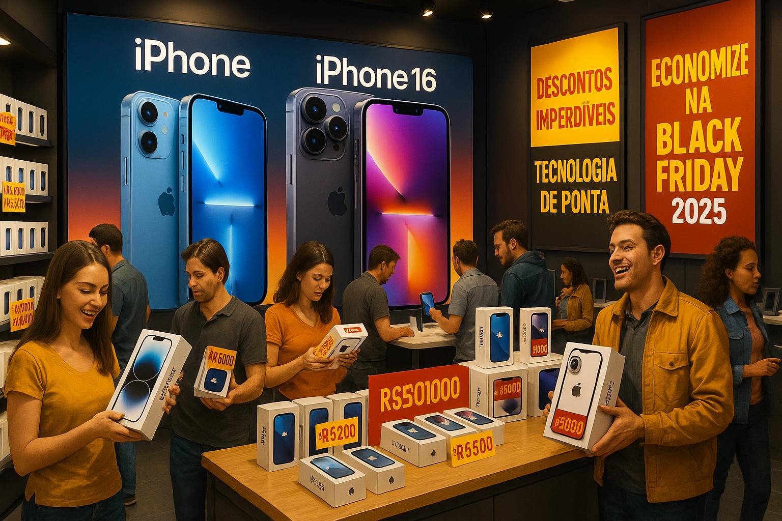 Black Friday 2025: Aproveite descontos em iPhones das linhas 15 e 16, com destaque para modelos como iPhone 16 Pro, 16e e 15, garantindo tecnologia e economia. (imagem gerada com inteligência artificial)