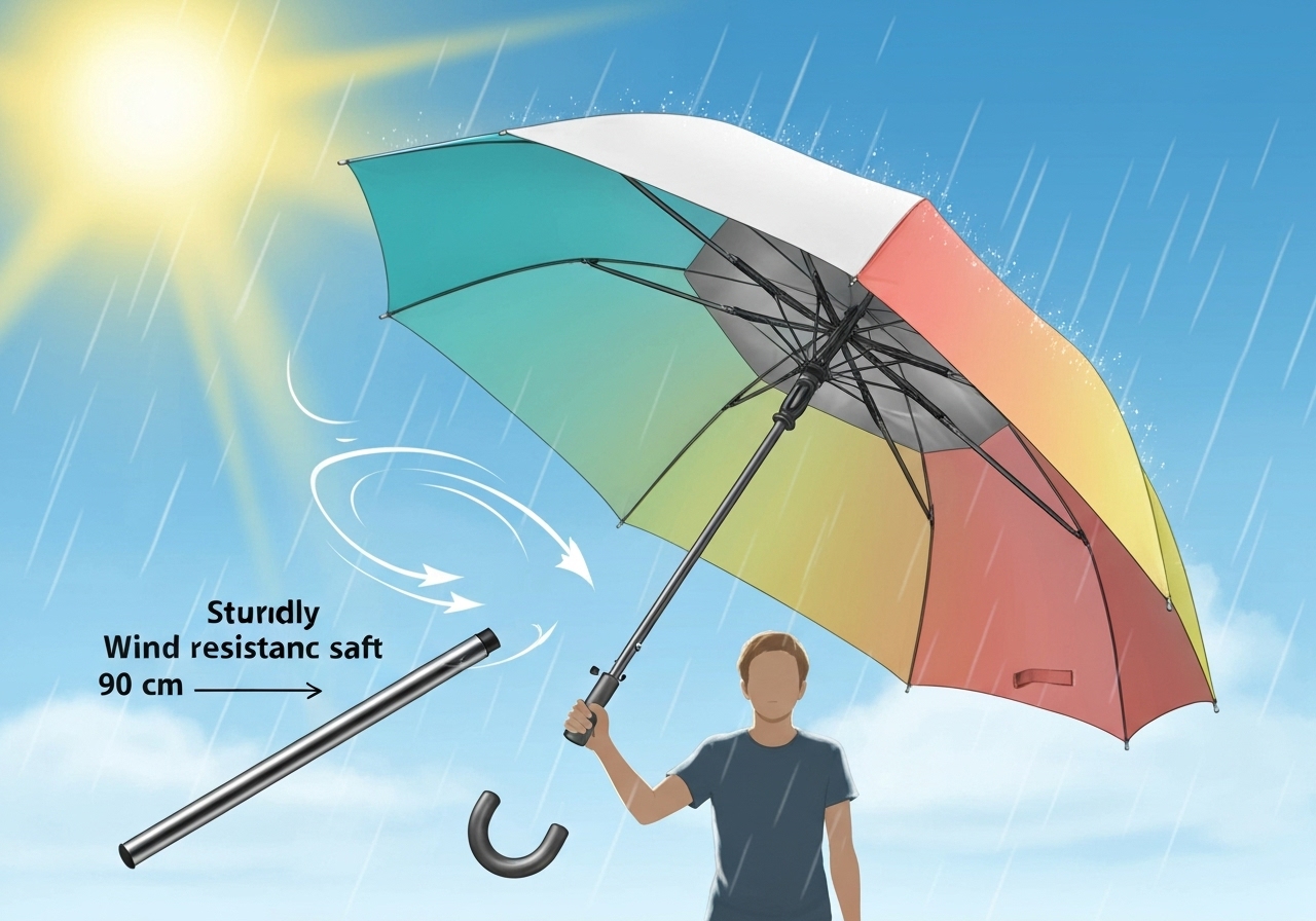 Sombrinha dupla‑face: liso ou colorido, interior prata bloqueia UV. 90cm aberto, 26cm fechado, 222g, leve, resistente, ideal para sol e chuva. (imagem gerada com inteligência artificial)