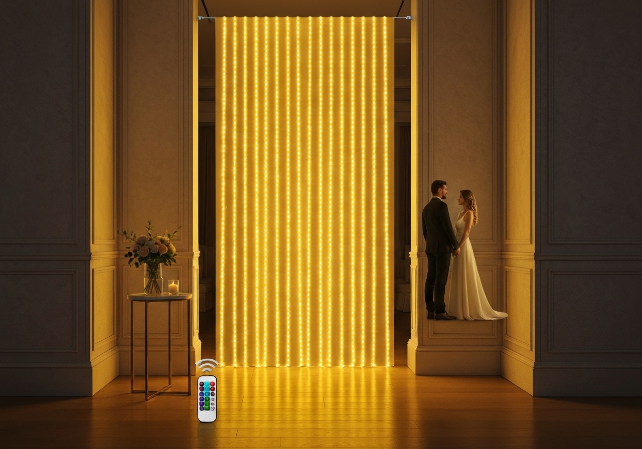 Cortina LED Amarela 300 Leds 3x3m com Controle para Festas e Eventos