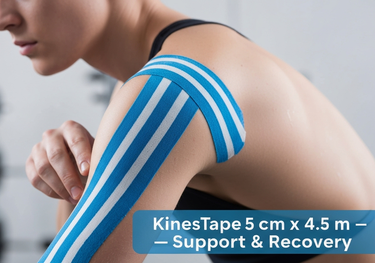 Bandagem Kinesio 5cm×4,5m: leve, respirável, anti-aderente, suporta músculos, acelera a cura natural e previne lesões – perfeita para fisioterapia e esportes. (imagem gerada com inteligência artificial)