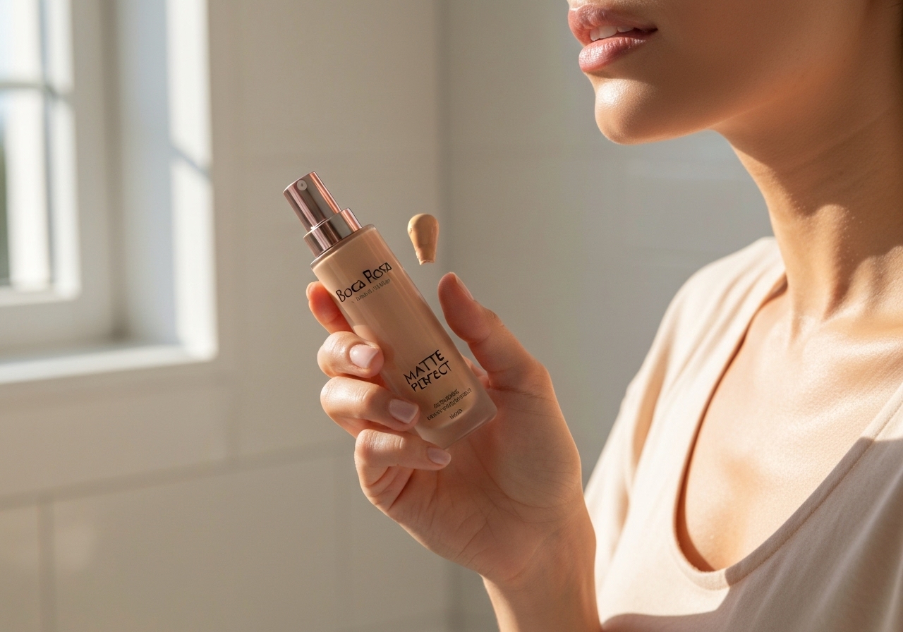 Boca Rosa Base Líquida Matte Perfect By Payot: alta cobertura, acabamento matte, textura cremosa, longa duração, água‑resistente, sem ressecamento. (imagem gerada com inteligência artificial)