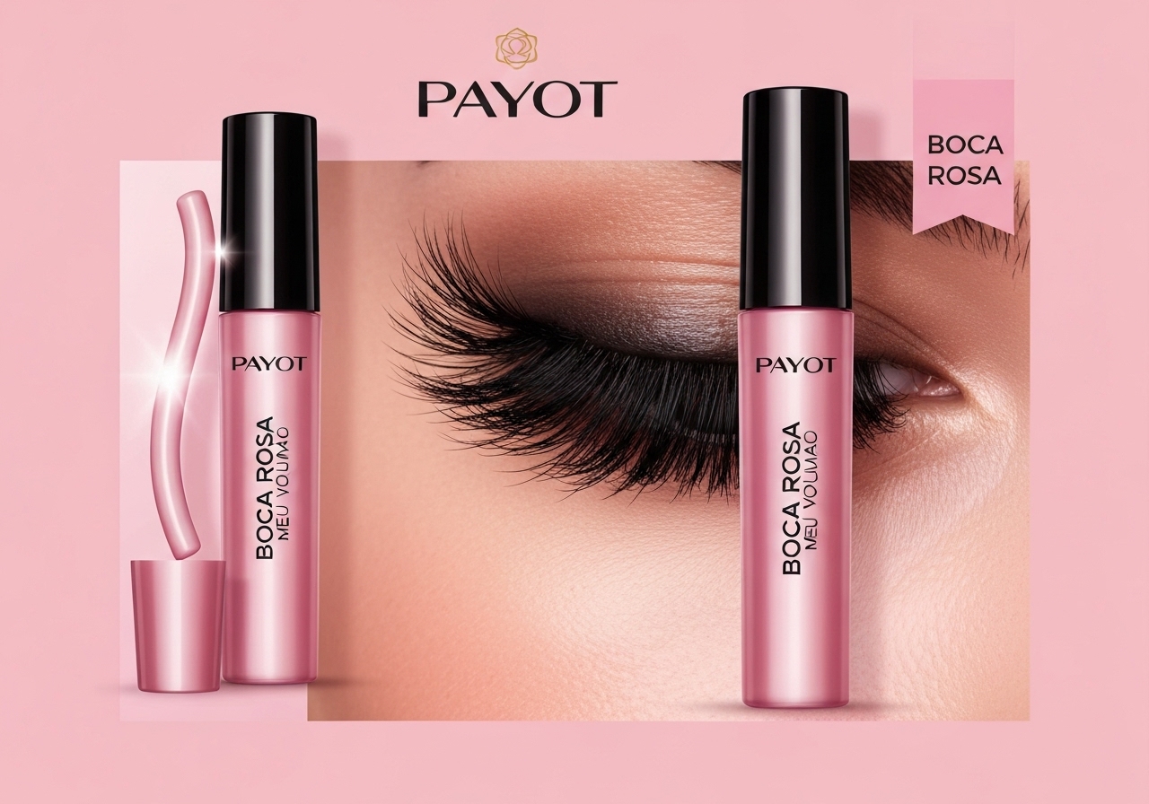 A Máscara de Cílios Boca Rosa Meu Volumão da Payot oferece volume, comprimento e definição com aplicador curvado, garantindo cílios duradouros. (imagem gerada com inteligência artificial)