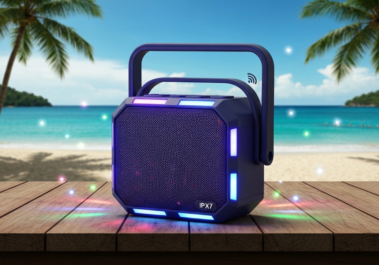 Mini speaker LED RGB, Bluetooth, magnético e à prova d’água: som potente, bateria de 6h, design compacto e luz ambiental para festas e trilhas. (imagem gerada com inteligência artificial)