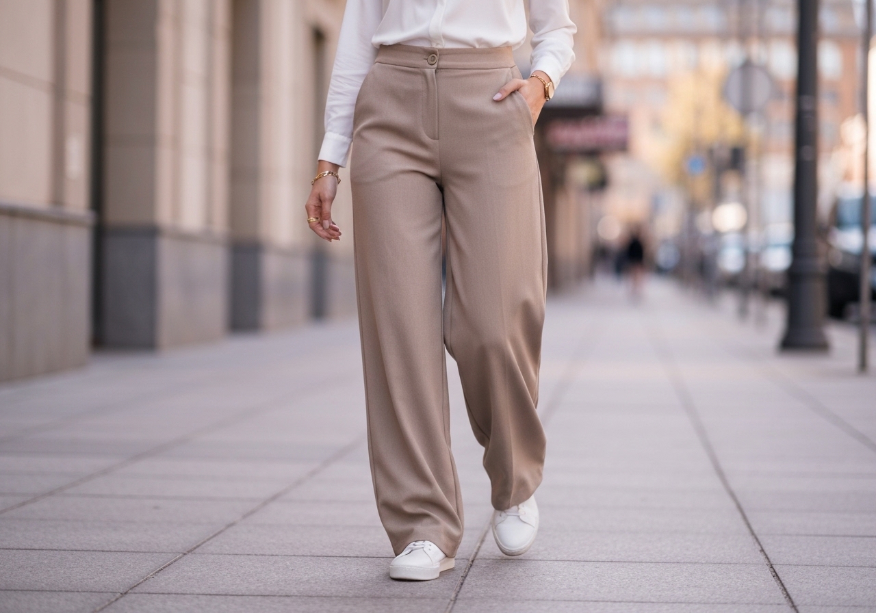 Calça GG feminina Pantalona Wide Leg Duna 2025: caimento solto, cintura alta, botão, 100% poliéster, bolsos frontais, acessível. Frete grátis e tabela de medidas (imagem gerada com inteligência artificial)