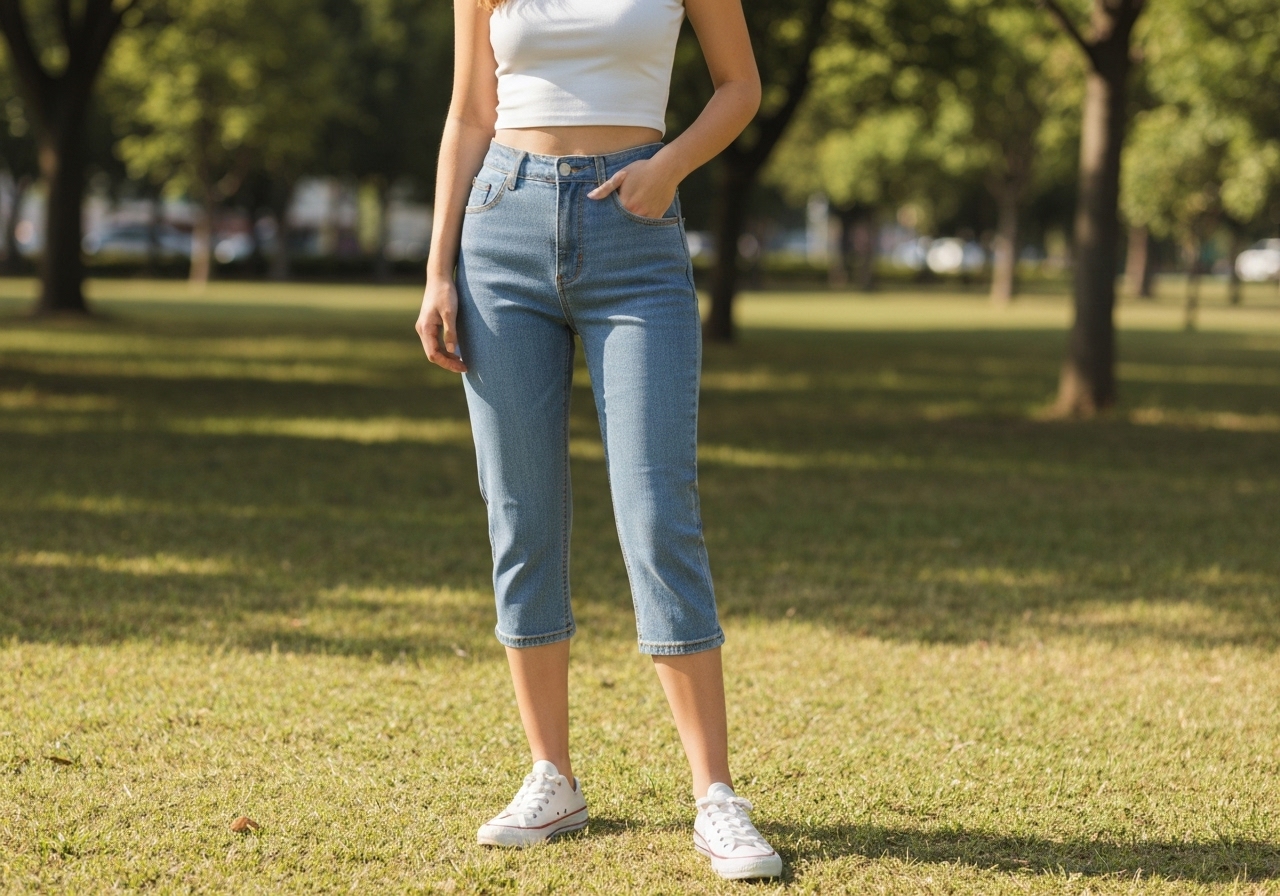 Calça jeans feminina Capri, cintura alta, tecido leve 100% algodão, bolsos e elástico, pronta entrega e troca garantida. (imagem gerada com inteligência artificial)