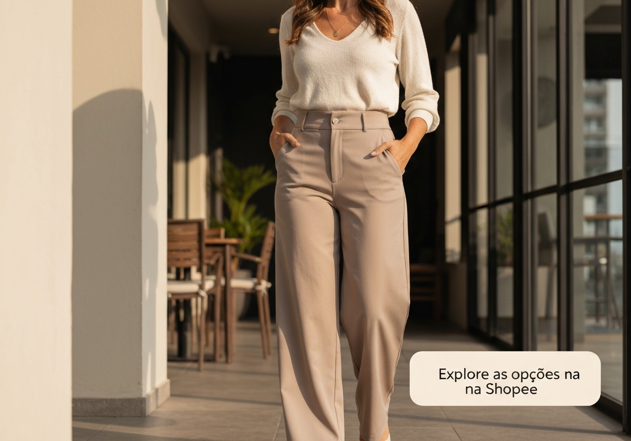 Calça pantalona feminina Duna com cintura alta, elástico, cordão ajustável e dois bolsos frontais. Conforto, elegância e variedade de tamanhos. (imagem gerada com inteligência artificial)