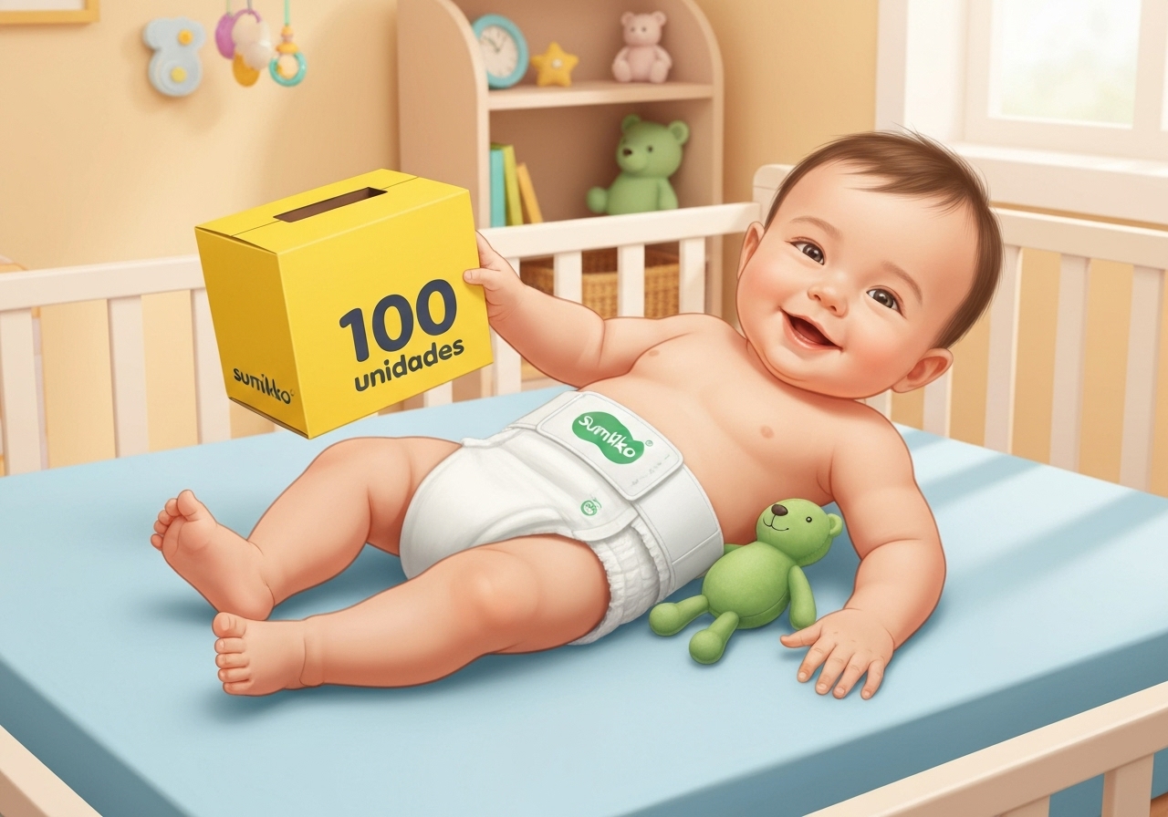 Fralda Sumikko ajustável: 100 unidades, super absorção, barreiras reforçadas, cintura elástica e hipoalergênico. Ideal M, G, XG, garante 12h de proteção e conforto. (imagem gerada com inteligência artificial)