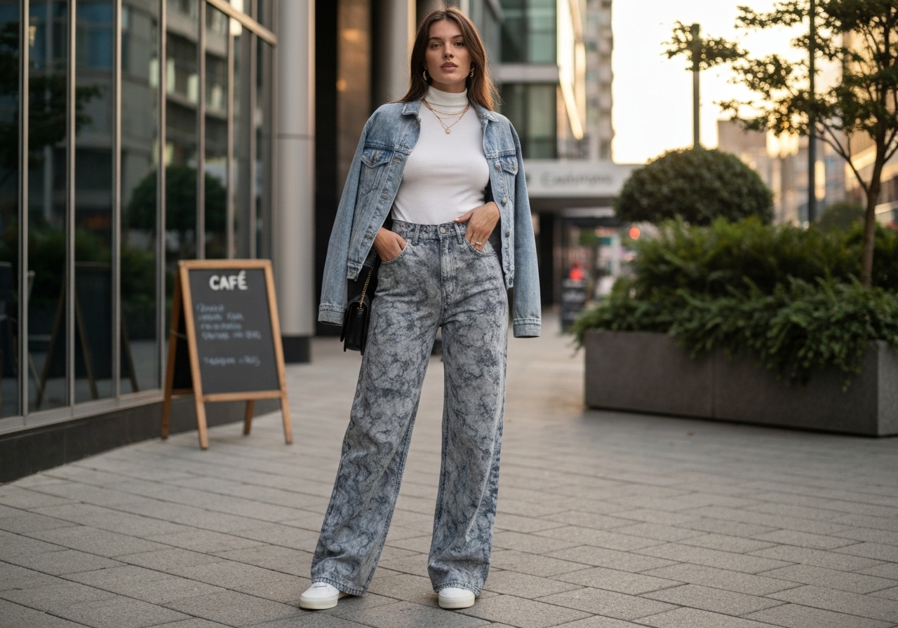 Calça Jeans Wide Leg marmorizada: pantalona de cintura alta, 100% algodão, sem lycra, conforto e estilo. Frete grátis, 24h envio, 5‑15 dias. (imagem gerada com inteligência artificial)