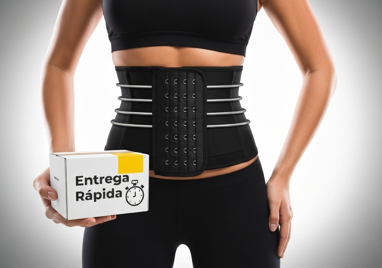 Cinta espartilho de emagrecimento: modela cintura, reduz dois tamanhos, com 4 barras de aço e ganchos ajustáveis. Lavável, seca rápido, postural. (imagem gerada com inteligência artificial)