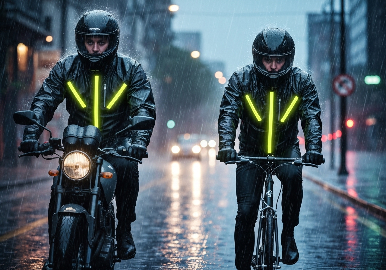 Capa de chuva impermeável para motoqueiros e ciclistas, com ajuste perfeito, faixa refletiva 3D e zíper/botão. Conforto e segurança em qualquer clima. (imagem gerada com inteligência artificial)