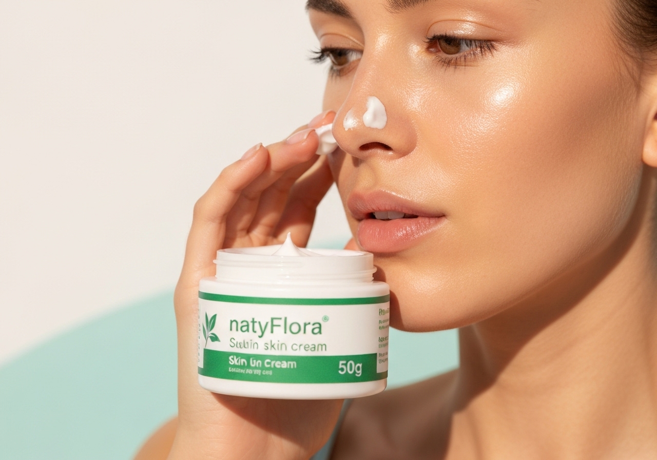 Creme NatyFlora 50g clareia, rejuvenesce e hidrata a pele. Com Dexpantenol, Ácido Kójico e Vitamina C, reduz manchas, rugas e dá lifting instantâneo. (imagem gerada com inteligência artificial)