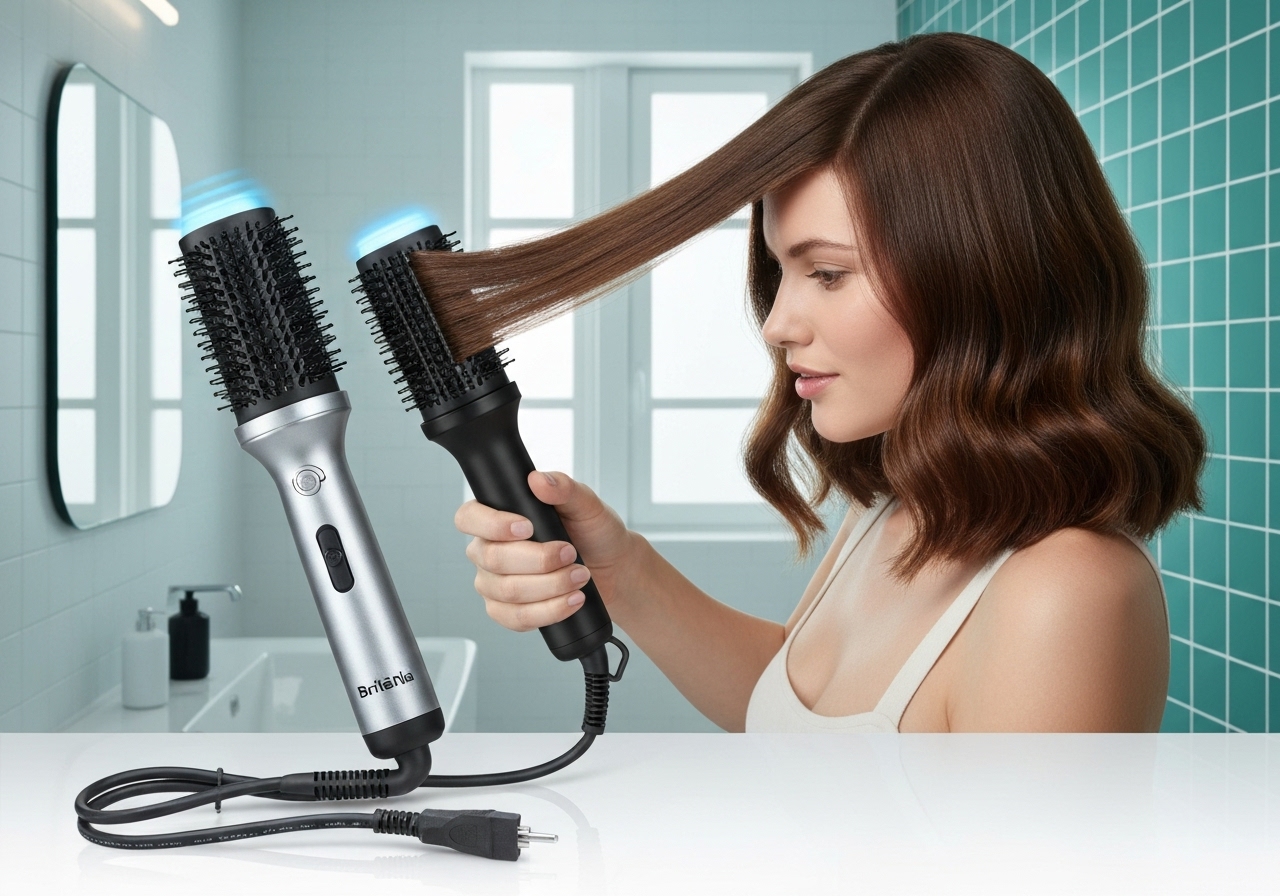 Escova Secadora Britânia 4 em 1 (1300W, bivolt) com cerâmica nanopor, íons tourmaline, 3 temp/2 vel e cabo rotativo 360° 1,80m, rápida modelagem e alisamento. (imagem gerada com inteligência artificial)