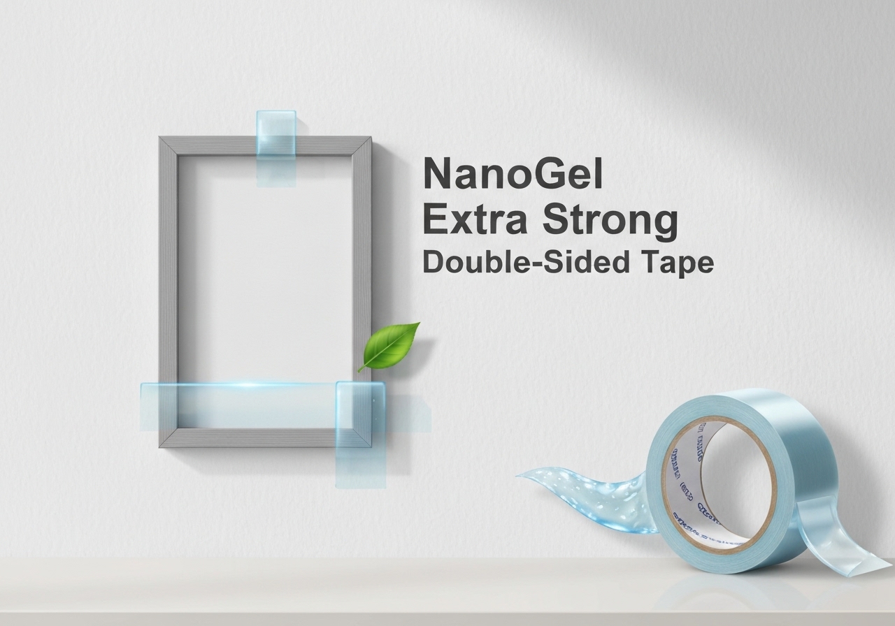 Fita dupla face extra forte NanoGel: adesão potente, transparente, lavável, reutilizável, sem furar paredes. Ideal para quadros, móveis, decoração. (imagem gerada com inteligência artificial)