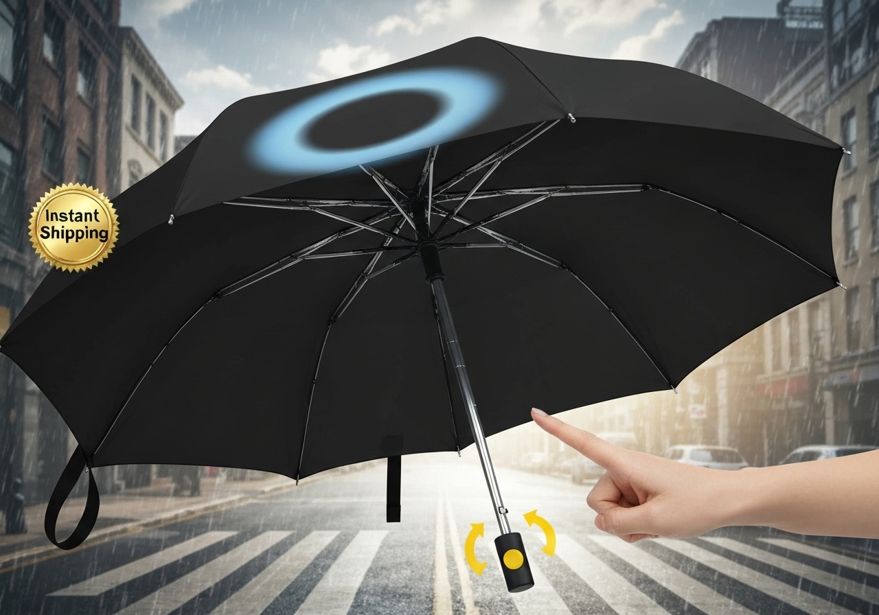 Guarda-chuva automático blackout, 10 hastes metálicas reforçadas, tecido poliéster que seca rápido, abre/fecha em cliques, compacto, leve, ideal para sol e chuva. (imagem gerada com inteligência artificial)