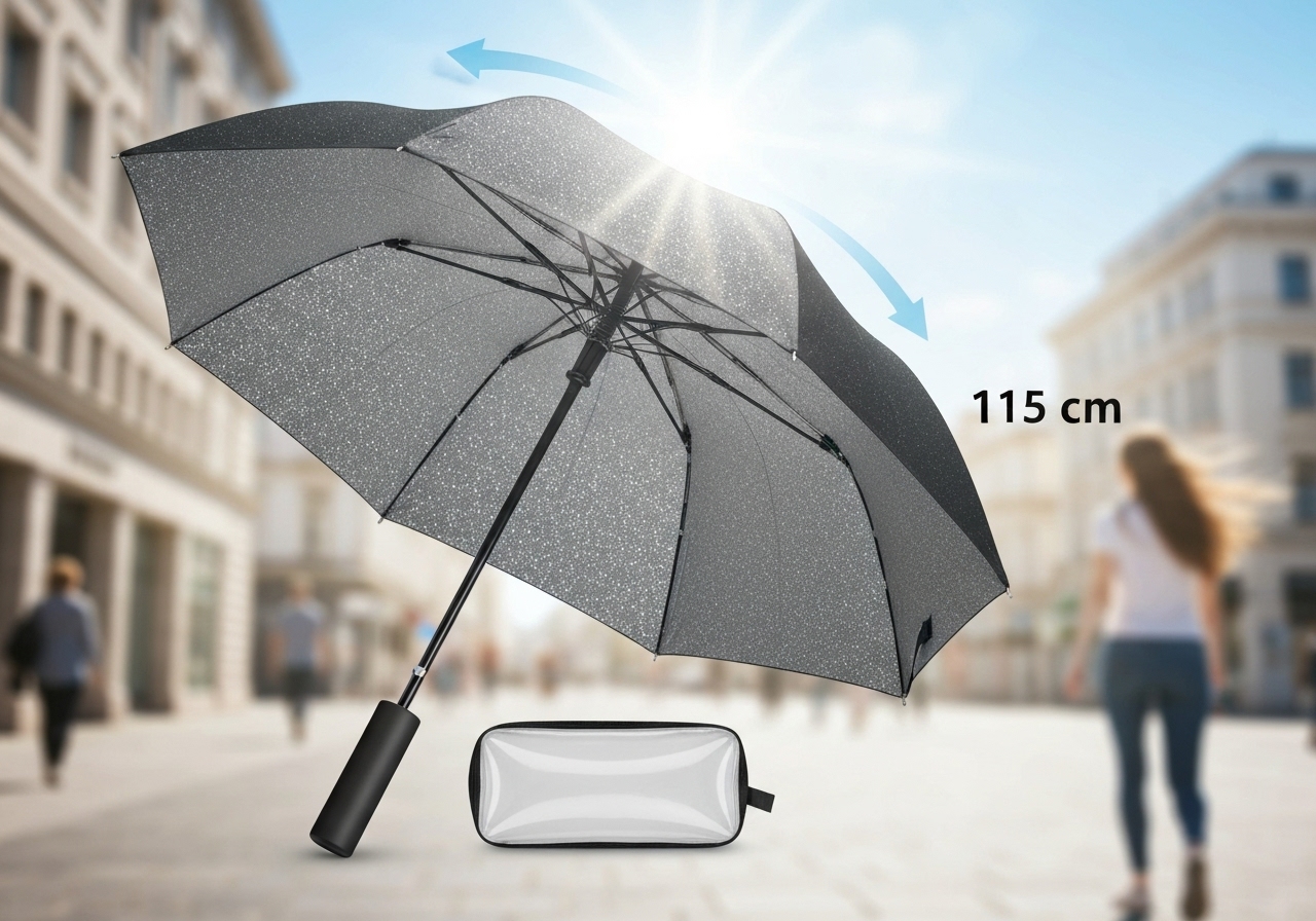 Sombrinha compacta de 24 cm, abre 115 cm, proteção solar prata bloqueia UV, resistente a vento, aço robusto e bolsinha prática. (imagem gerada com inteligência artificial)