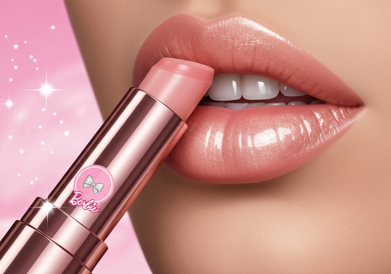 Hidratante Labial Carmed Barbie Rose Gold de 10g oferece hidratação intensa, efeito gloss Rose Gold e absorção rápida, tudo em embalagem charmosa da Barbie. (imagem gerada com inteligência artificial)