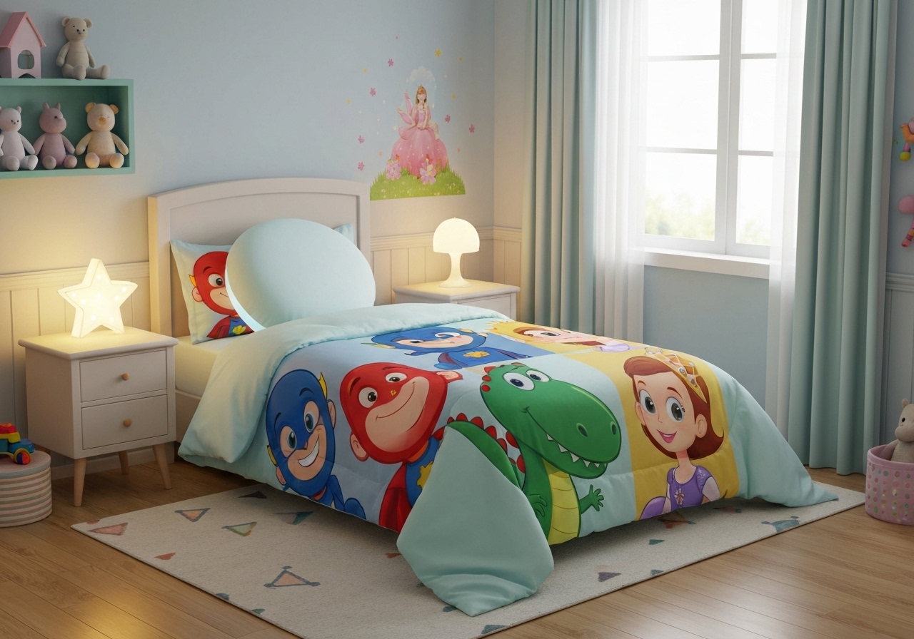 Kit 2 peças de lençol infantil 100% poliéster, com personagens temáticos, elástico, fácil lavagem e secagem. Decora o quarto de crianças com conforto e estilo. (imagem gerada com inteligência artificial)