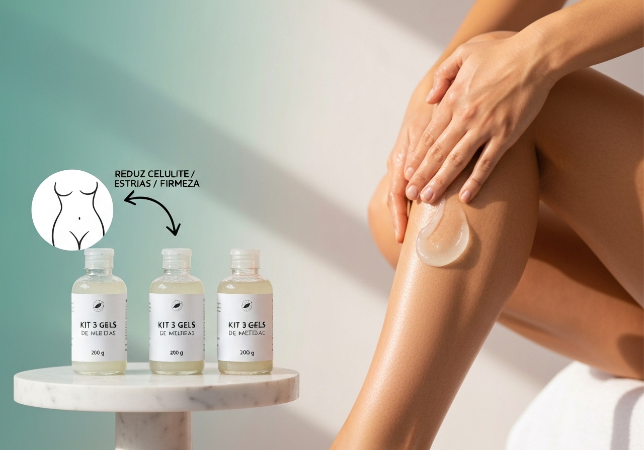Kit 3 Gel Pimenta Negra, 200g por frasco, reduz medidas, estrias e celulite, ativa linfático, aumenta circulação e metabolismo, sensação refrescante. (imagem gerada com inteligência artificial)