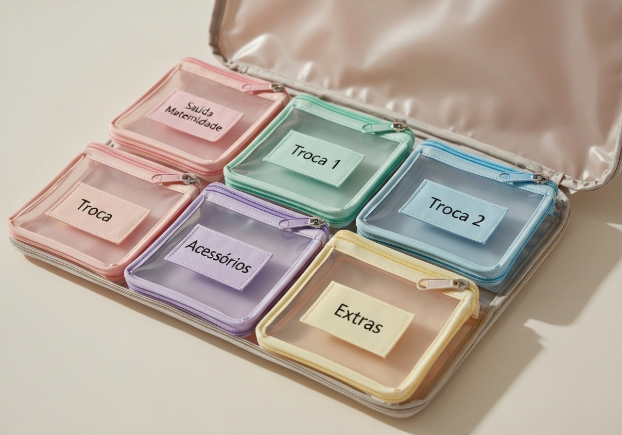 Kit de 6 saquinhos maternidade 26x31cm com zíper reforçado e tags bordadas, perfeito para organizar roupas, fraldas e itens da mamãe, prático e transparente. (imagem gerada com inteligência artificial)