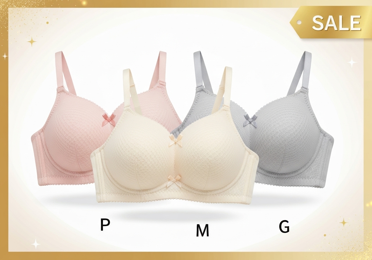 Kit com 3 sutiãs de microfibra reforçada, bojo estruturado e laço de cetim, conforto e sustentação do P ao GG. Prático, estiloso e econômico – promo irresistível. (imagem gerada com inteligência artificial)