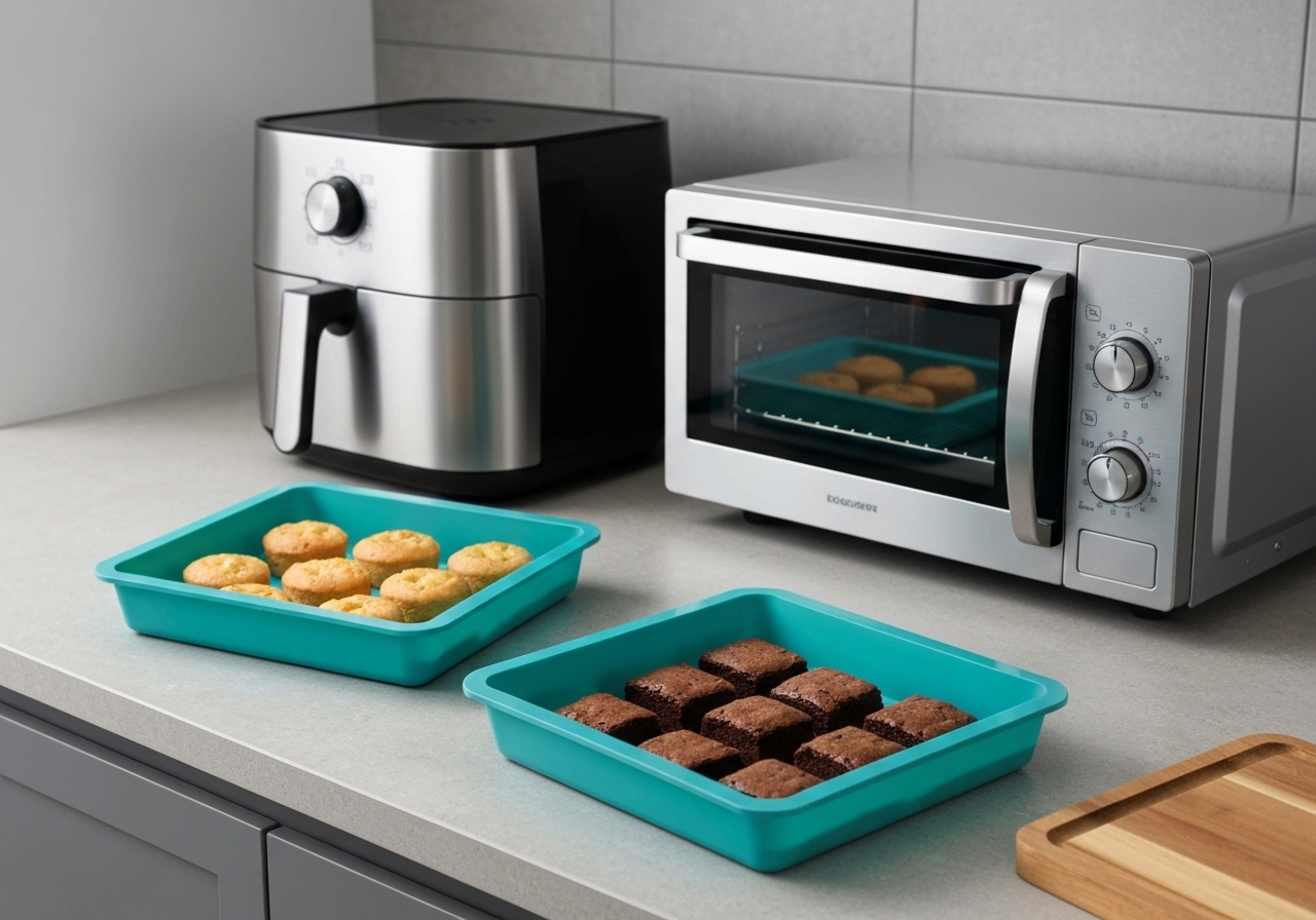 Kit de formas de silicone 16x16 cm, versátil para air fryer, forno e micro‑ondas. Resistentes a 230°C, anti‑grudar, lavável, sustentável. Opções 1‑3 unidades. (imagem gerada com inteligência artificial)