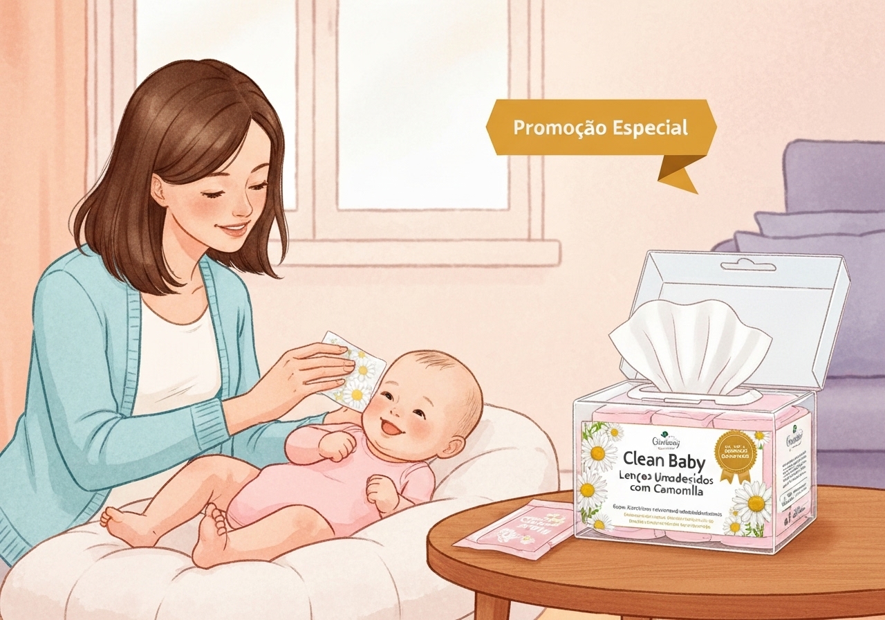 Kit Clean Baby: lenços e toalhas umedecidas com camomila, sem álcool, parabenos ou proteína do leite. 100‑500 unidades, preços promocionais. (imagem gerada com inteligência artificial)