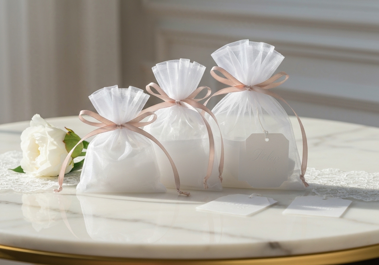 Kit de sacos de organza brancos (7x9 a 10x15cm), em 20/50/100 unidades, ideal para lembrancinhas em festas e casamentos, com nota fiscal e envio imediato. (imagem gerada com inteligência artificial)