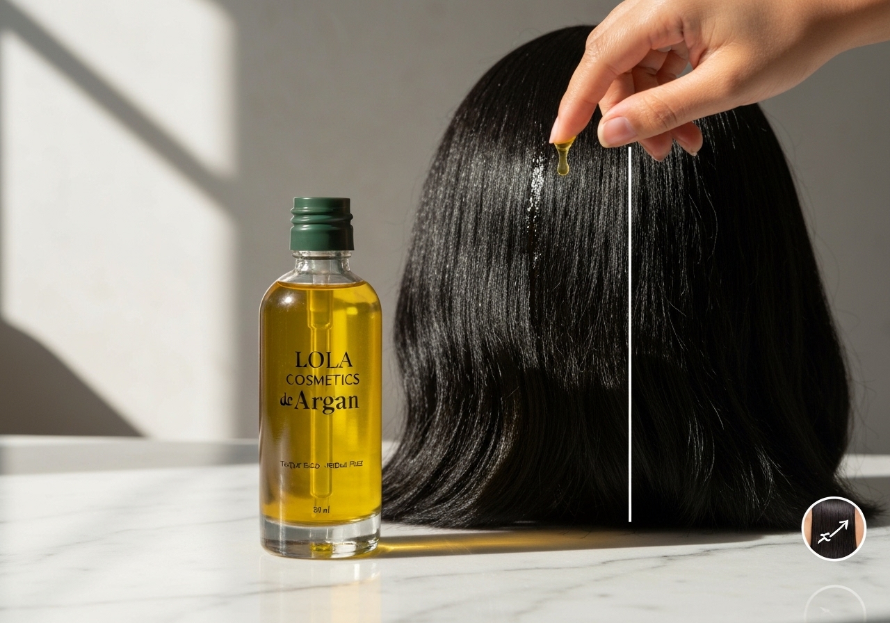 Óleo de argan Lola Cosmetics 50ml: toque seco, reduz frizz, reconstrói fios danificados, deixa macios e brilhantes. Aplicação simples e leve. (imagem gerada com inteligência artificial)