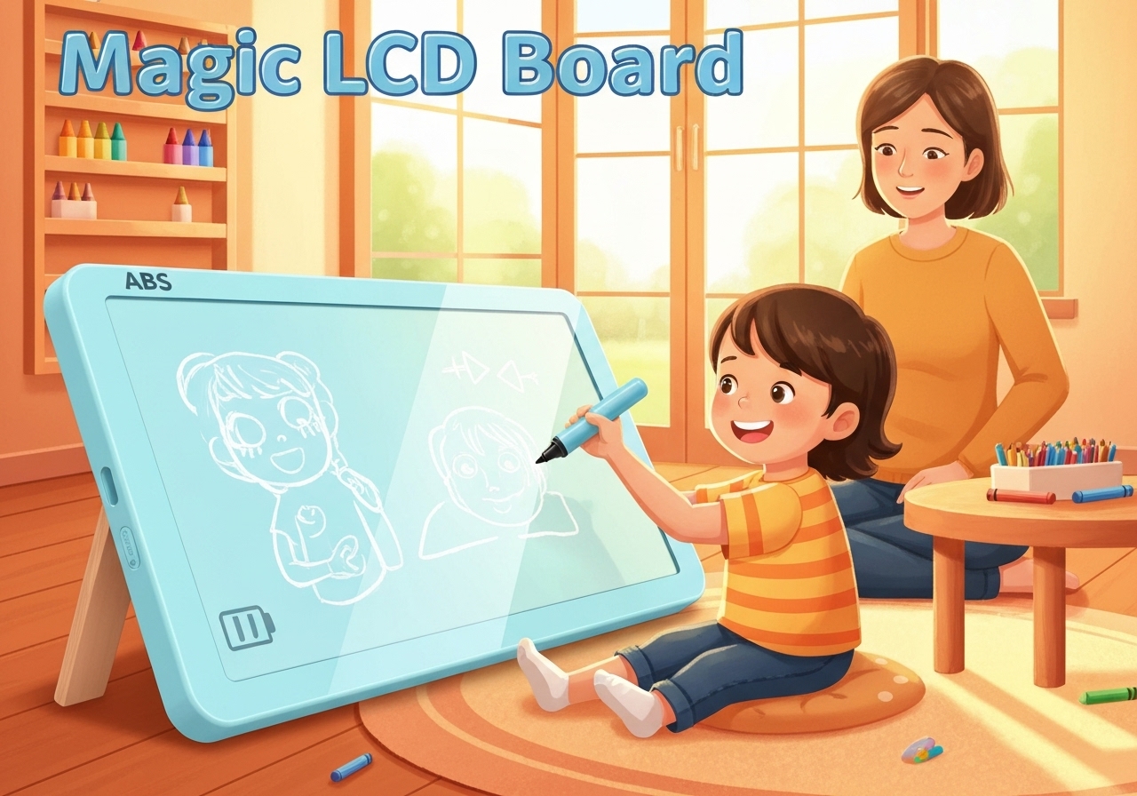 Lousa Mágica LCD infantil: tela sem radiação, 8,5, 10 ou 12” em azul, rosa e preto. Leve, resistente, sem tinta, com caneta e bateria, ideal para desenhar e aprender. (imagem gerada com inteligência artificial)