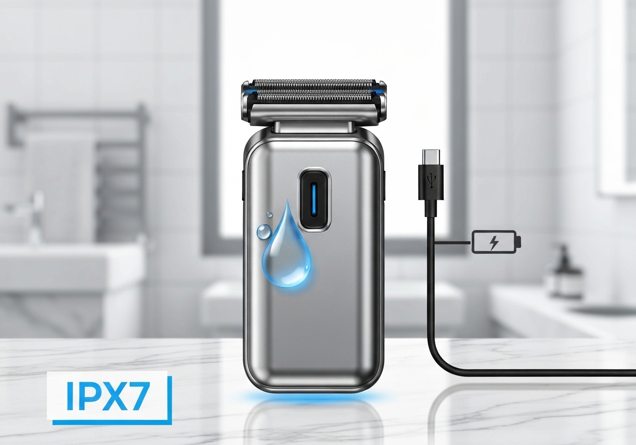 Mini barbeador elétrico portátil IPX7, 6600 rpm, carga rápida em 60 min, 6h de uso, versátil para barba, corpo, leve 67 g, ideal para viagens. (imagem gerada com inteligência artificial)