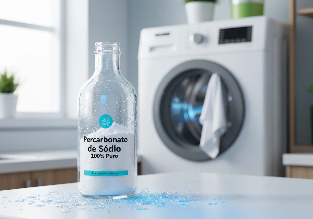 Descubra como o percarbonato de sódio 100% puro remove manchas profundas e higieniza roupas brancas e coloridas, sem cloro e com alta biodegradabilidade. (imagem gerada com inteligência artificial)