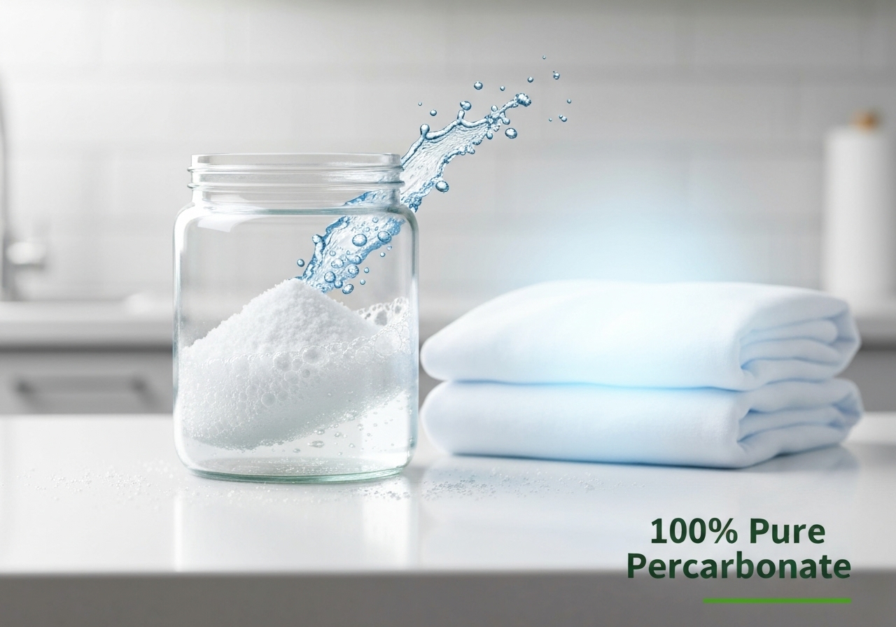 Percarbonato de sódio 100% puro: remova manchas difíceis, amarelamento e odores de roupas e ambientes, sem cloro, ecológico e versátil. 500g, 1kg ou 2kg. (imagem gerada com inteligência artificial)