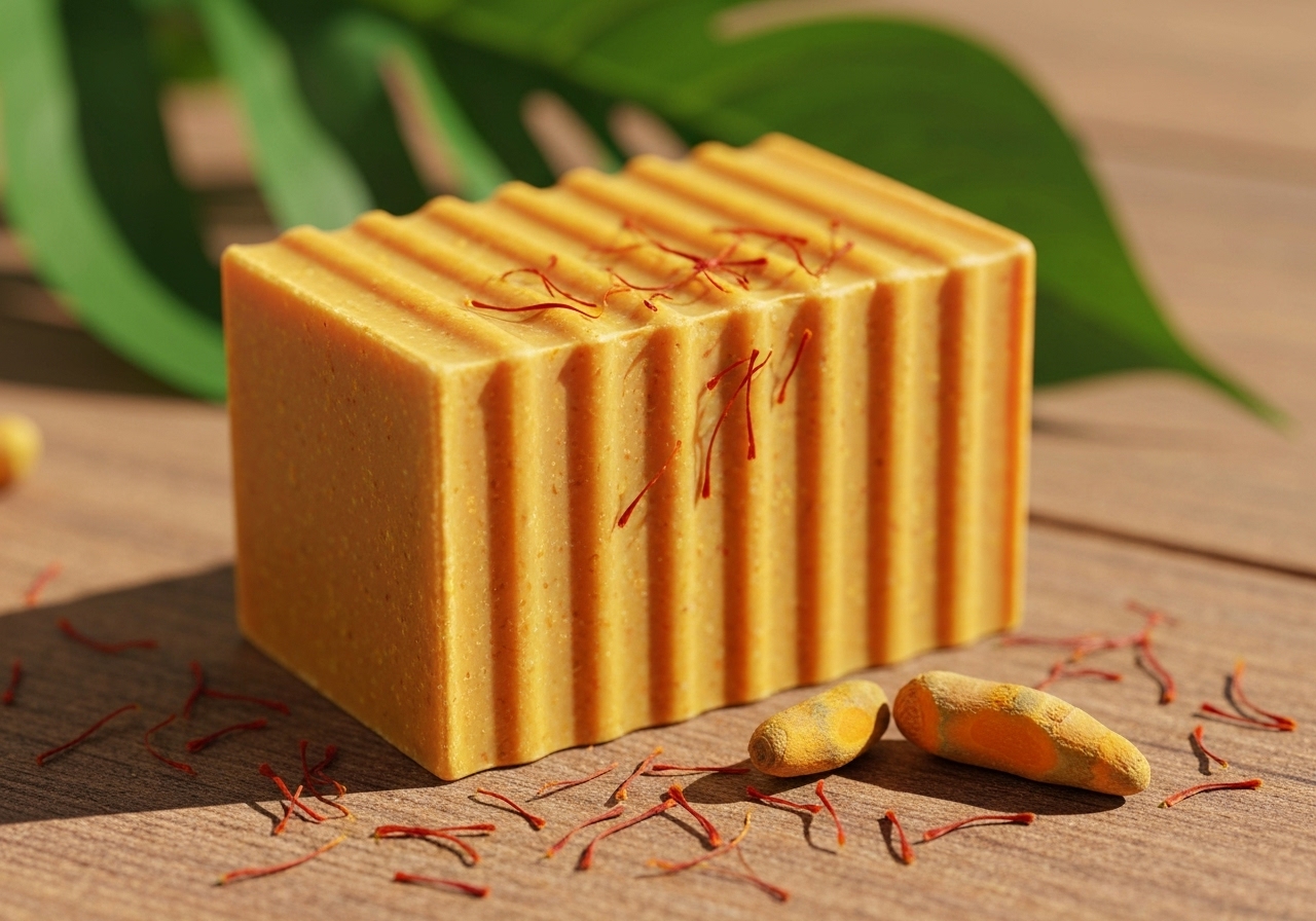 Sabonete em barra de açafrão e cúrcuma da Tropical, kit com várias unidades. Antioxidante, adstringente, hidratante, controla oleosidade, livre de parabenos. (imagem gerada com inteligência artificial)