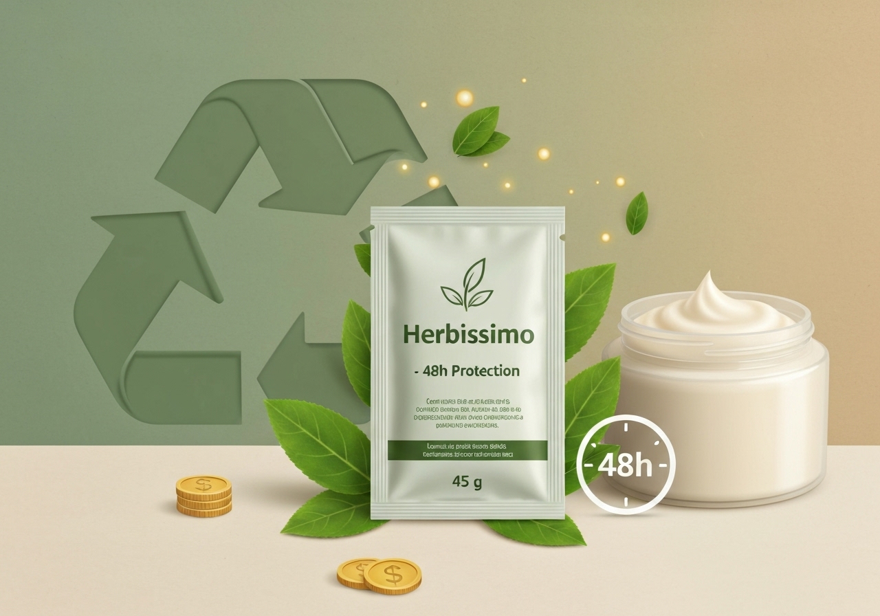 Sachê Refil Herbissimo 45g garante 48h de frescor e proteção antitranspirante. Compatível com potinhos, é econômico, biodegradável e suave para pele sensível. (imagem gerada com inteligência artificial)