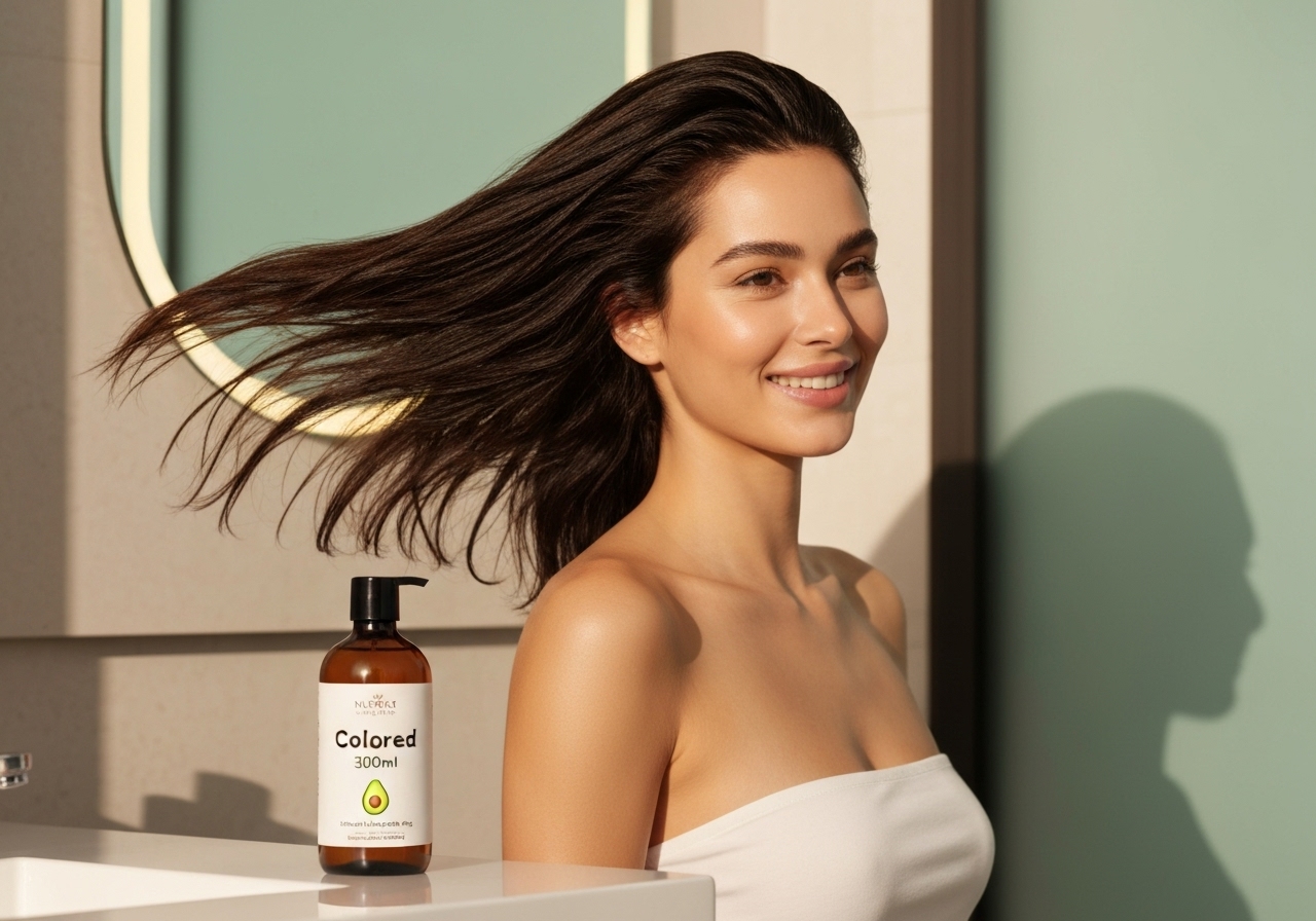 Shampoo Escurecedor Colored 300ml cobre fios brancos com tonalidade marsala profunda, 100% natural, sem amônia. Limpeza, hidratação e brilho duradouro em 5‑10 min. (imagem gerada com inteligência artificial)