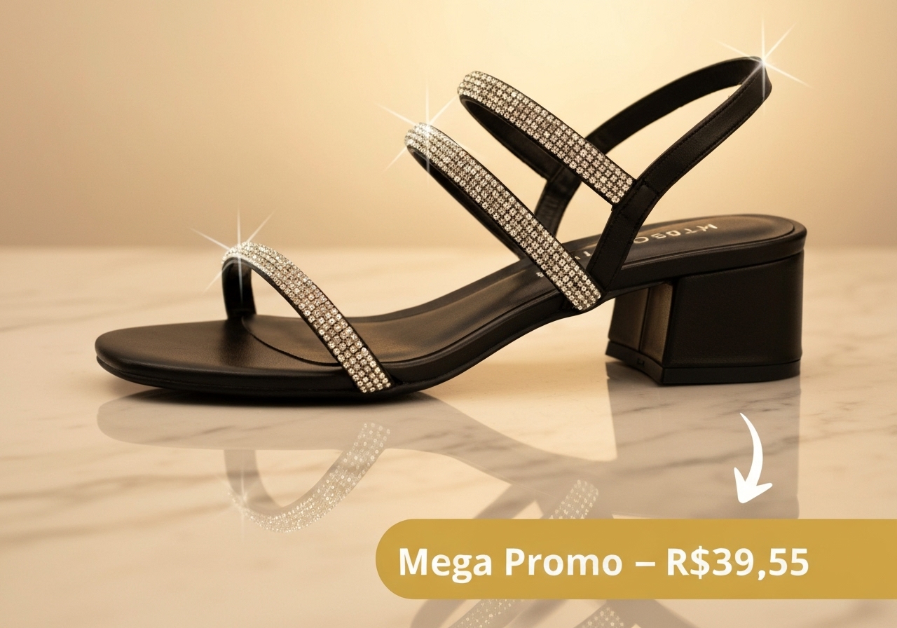 Sandália de Salto com Strass, Brilho Luxuoso e Envio Rápido por R$39,55